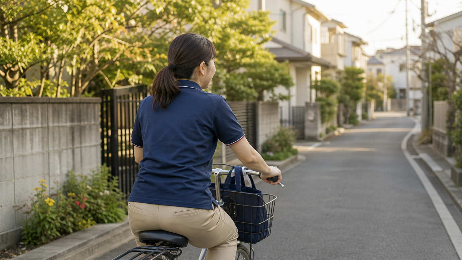 住宅街を自転車で移動する訪問介護のヘルパー