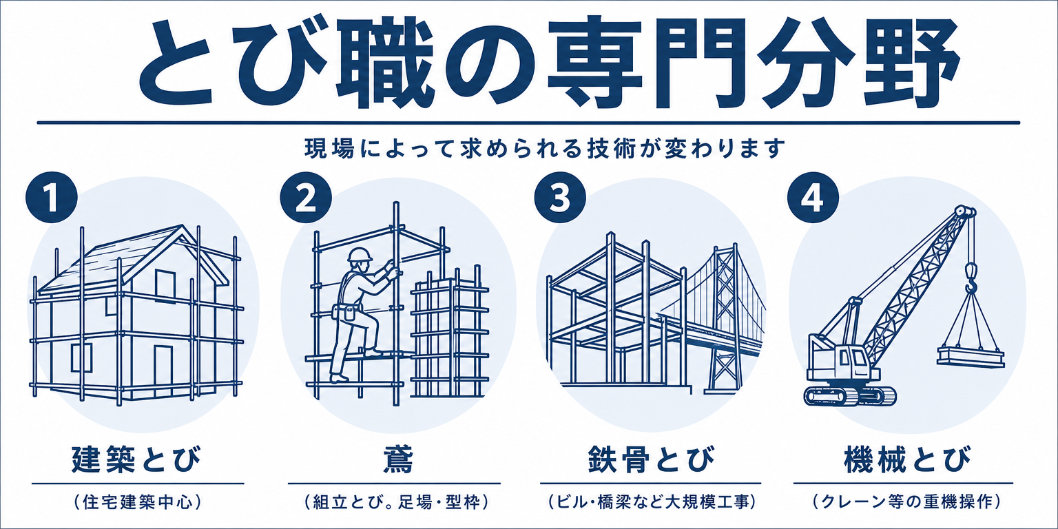 とび職の専門分野4種類を示す図解