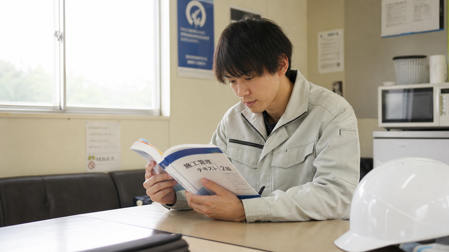 資格取得のテキストで勉強する建設作業員