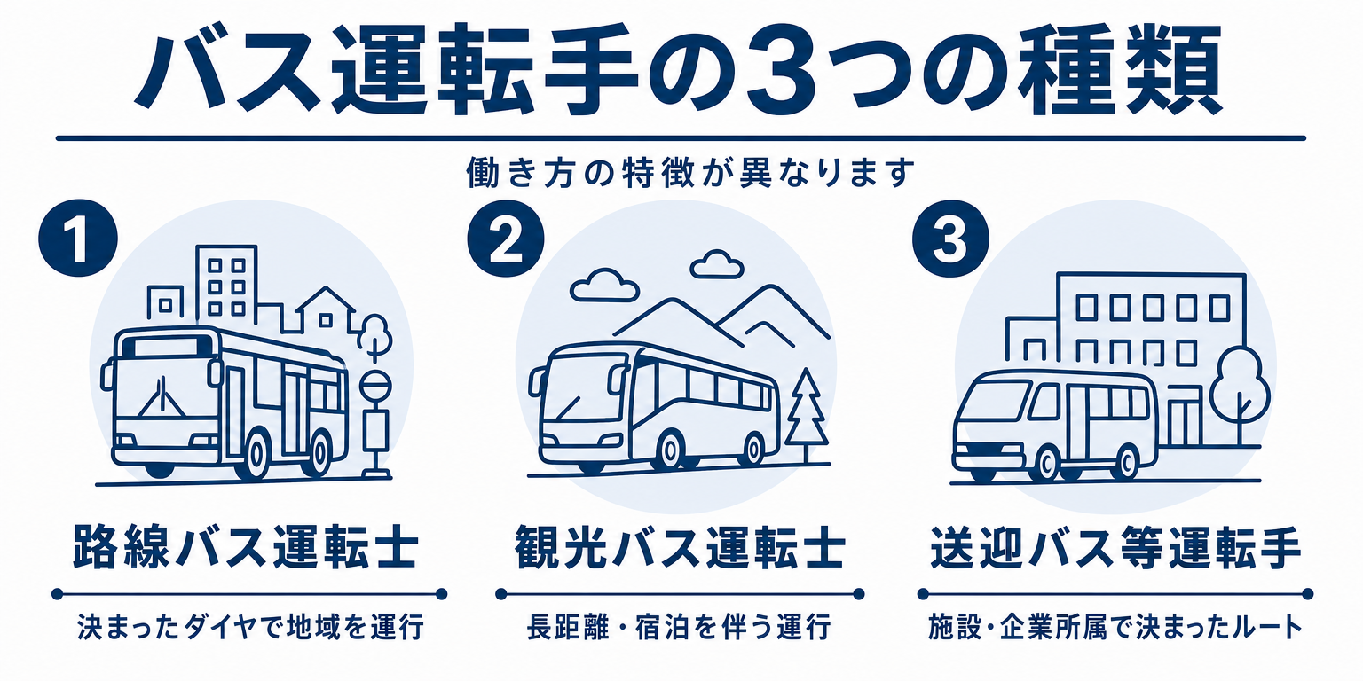バス運転手の種類3つを示す図解
