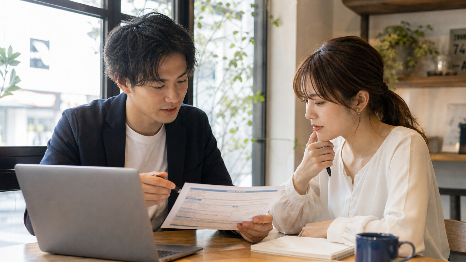 デイサービスの求人票を確認する転職検討中の男女
