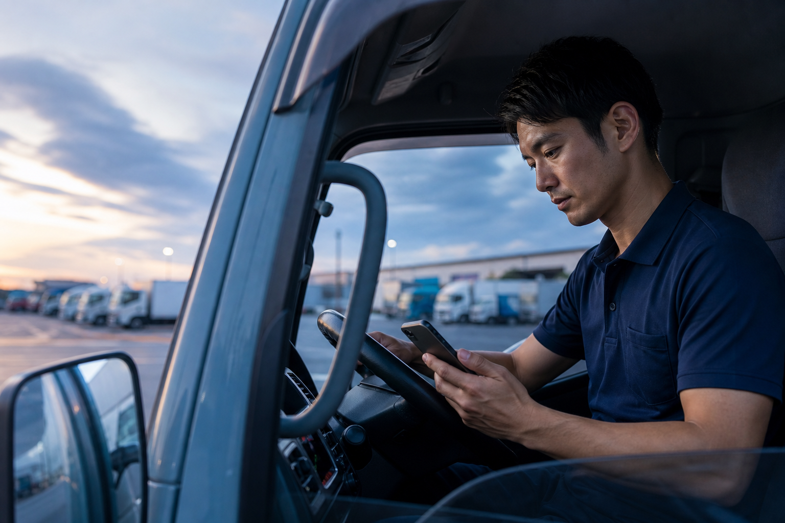 運転席に座り出発前の点検をする30代のトラックドライバー