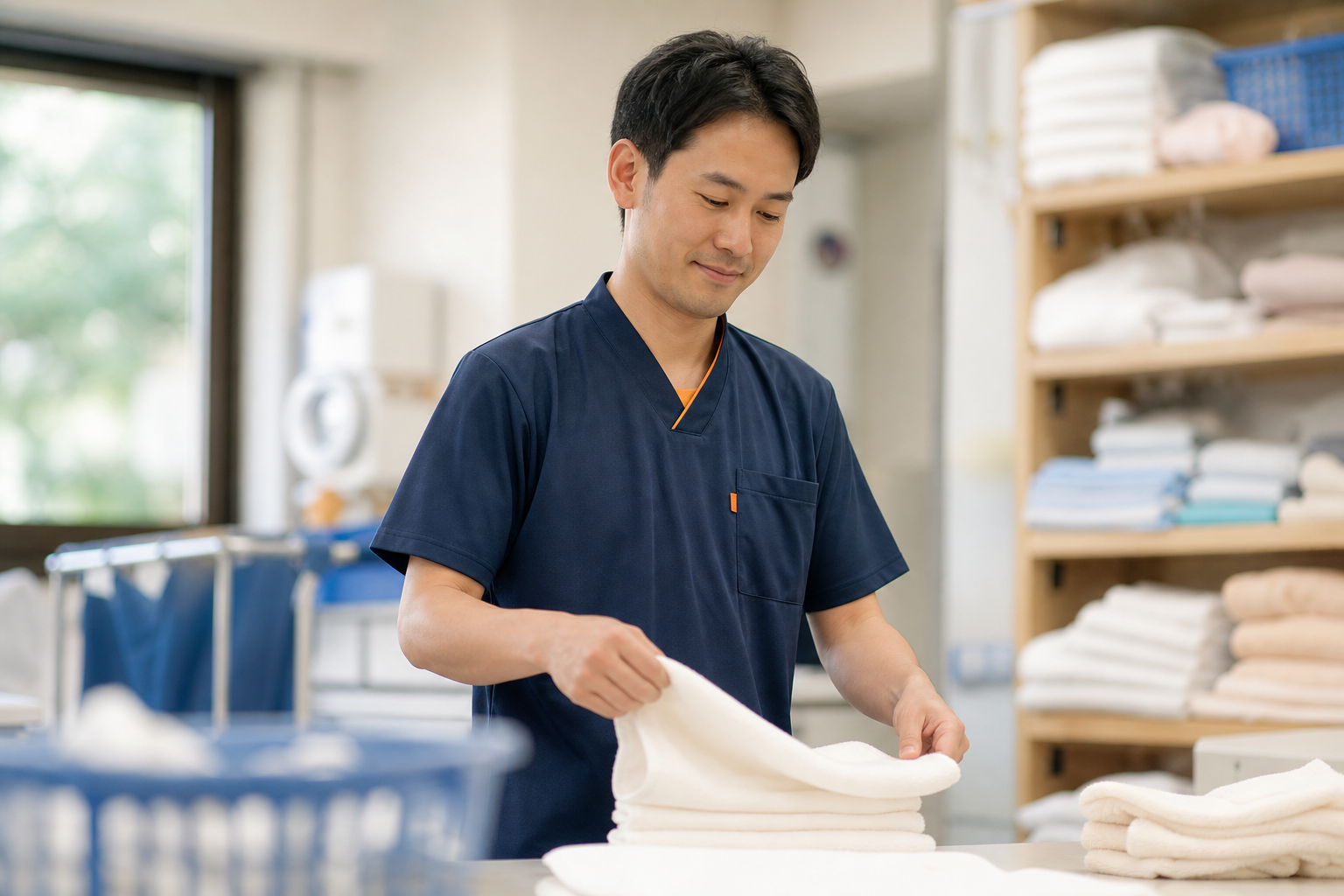 介護施設で洗濯物を畳む介護職員の様子