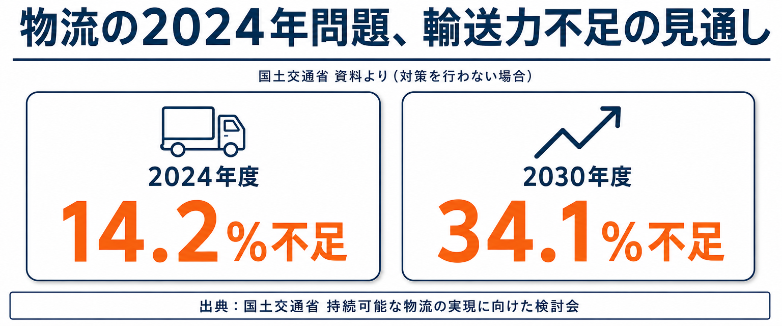 対策なしの場合のトラック輸送力不足、2024年度14.2%と2030年度34.1%を示す統計図解