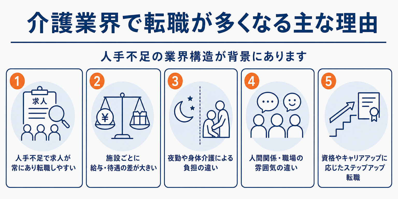 介護業界で転職が多くなる主な理由を示すアイコンリスト図解