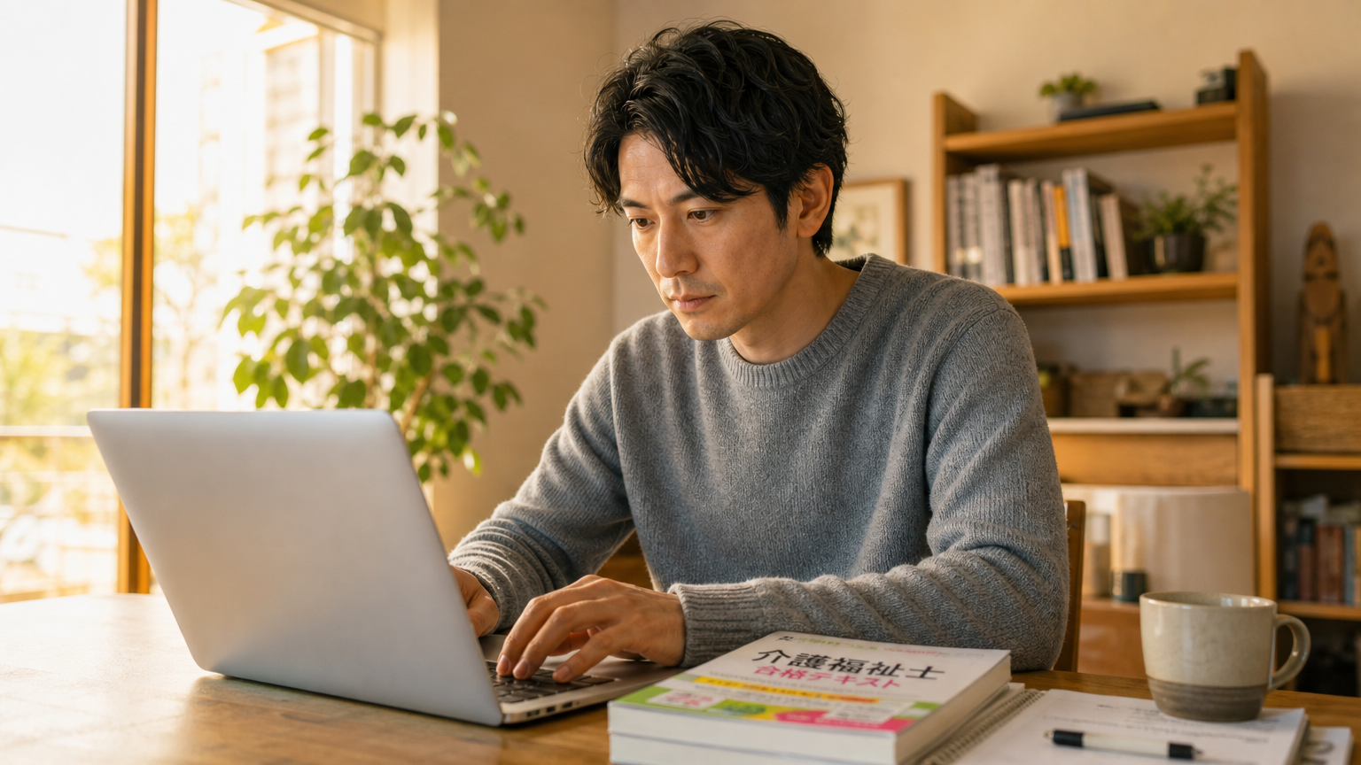 デスクでノートパソコンを使い職務経歴書を作成する介護職の男性
