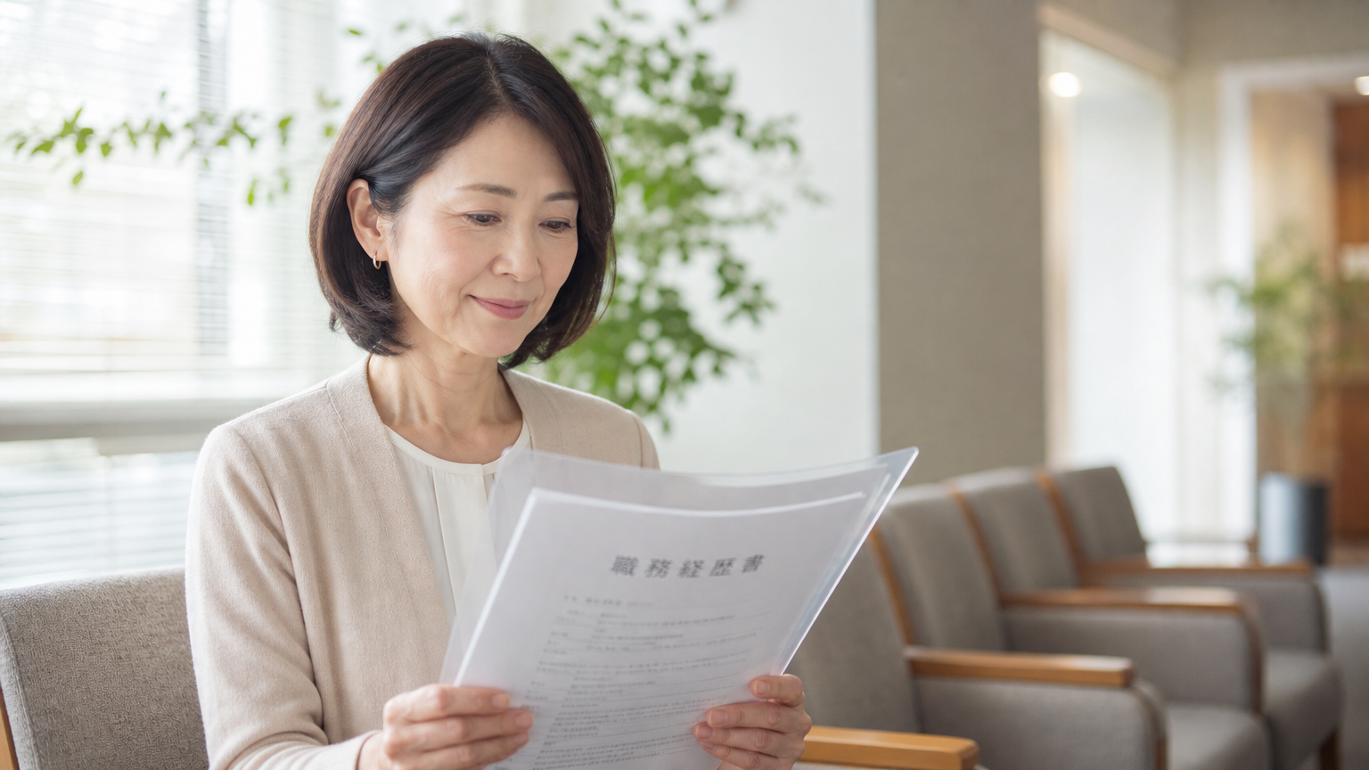 面接前に落ち着いた表情で書類を確認する介護職の女性