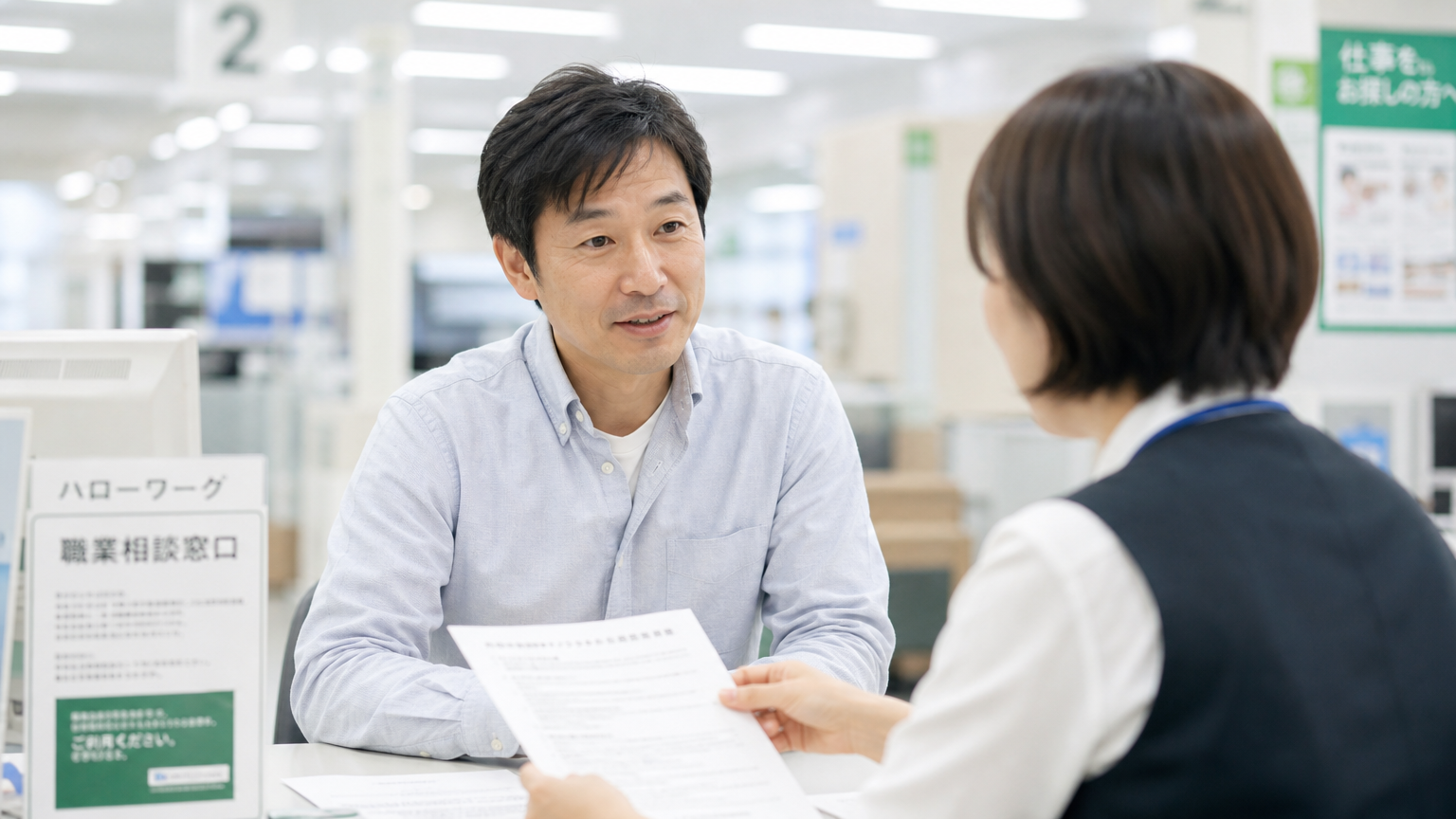 ハローワークの窓口で申請書類を確認する男性