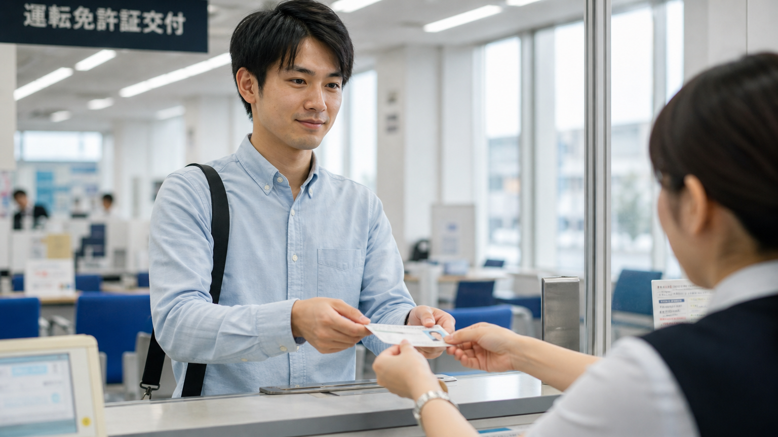 運転免許試験場で免許証を受け取る若い男性