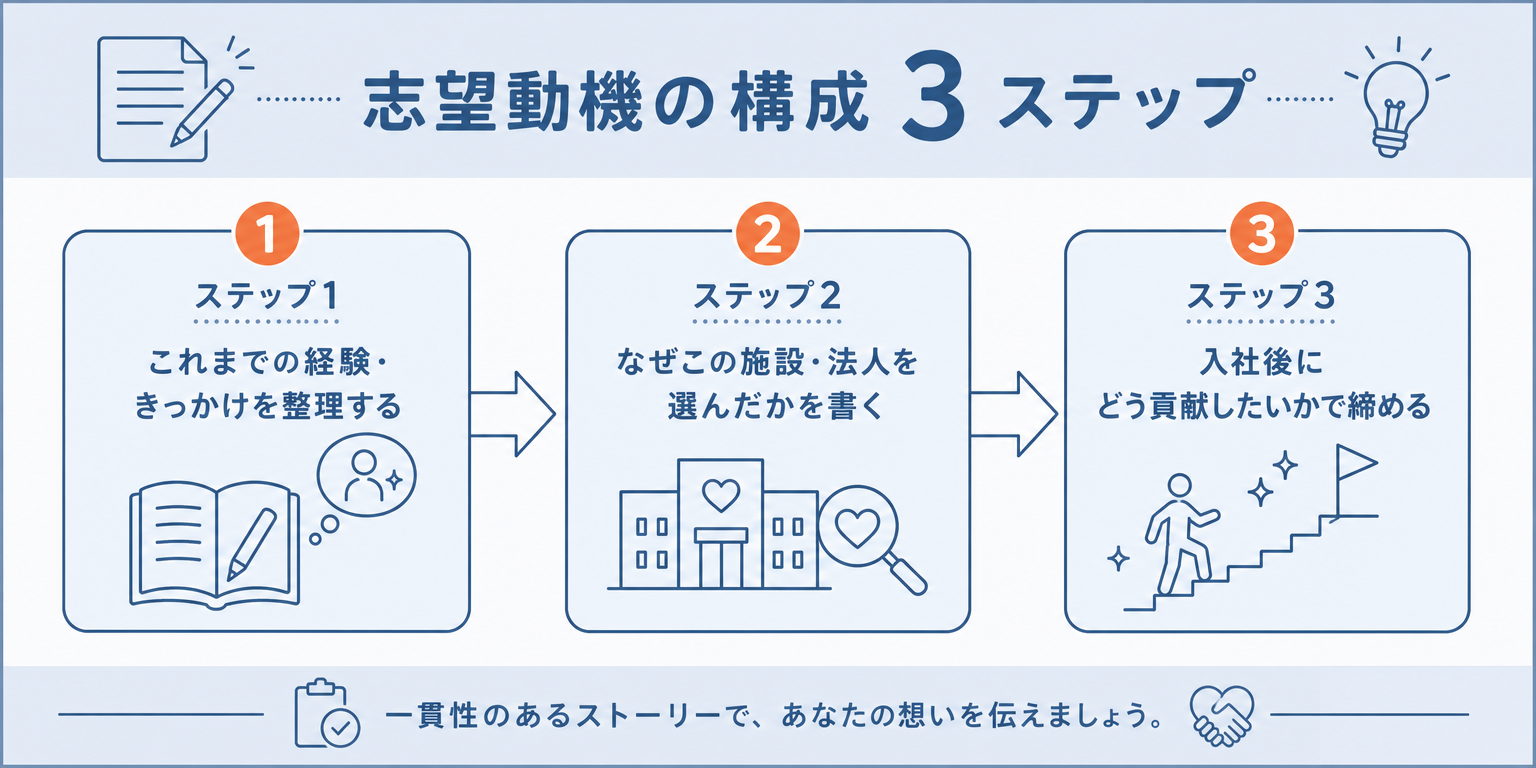 志望動機の3ステップ構成を示すフローチャート