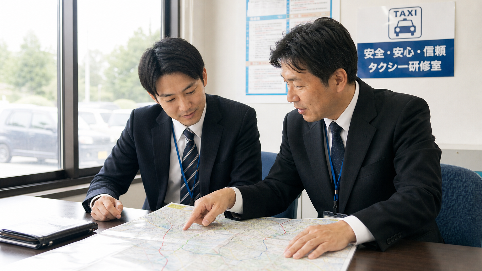 タクシー会社の研修で指導を受ける新人運転手